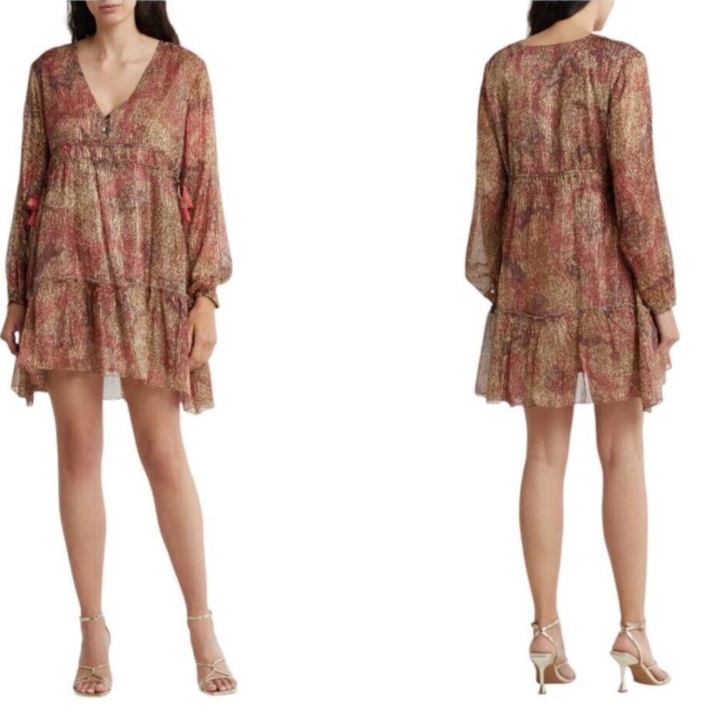 RAGA Zuri Metallic Tassel Floral Mini Boho Flowy Long Sleeve Dress